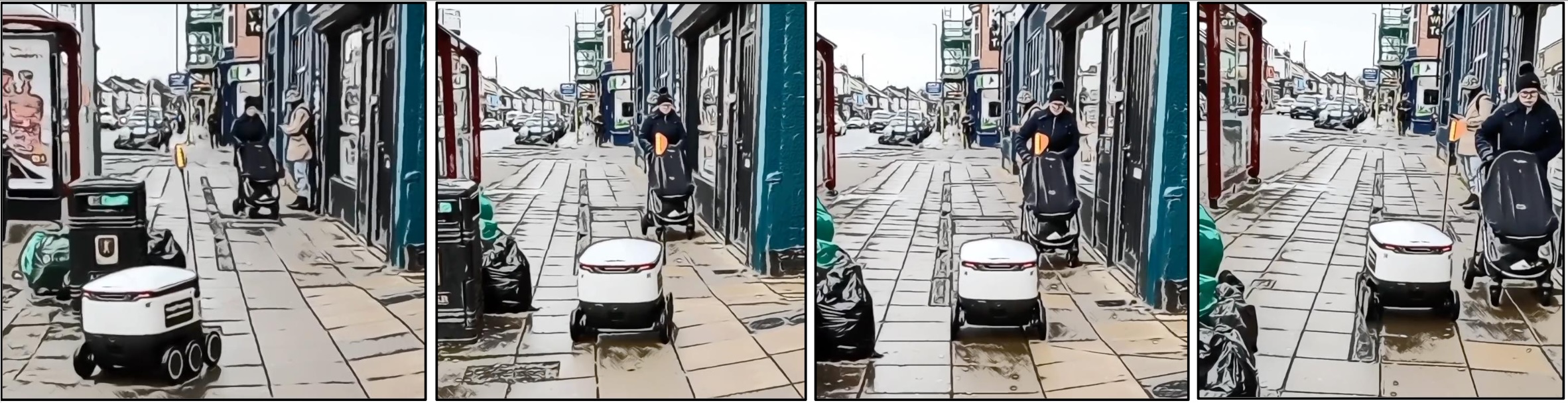 Series of still images of a delivery robot navigating towards a woman with a buggy who is coming the opposite direction