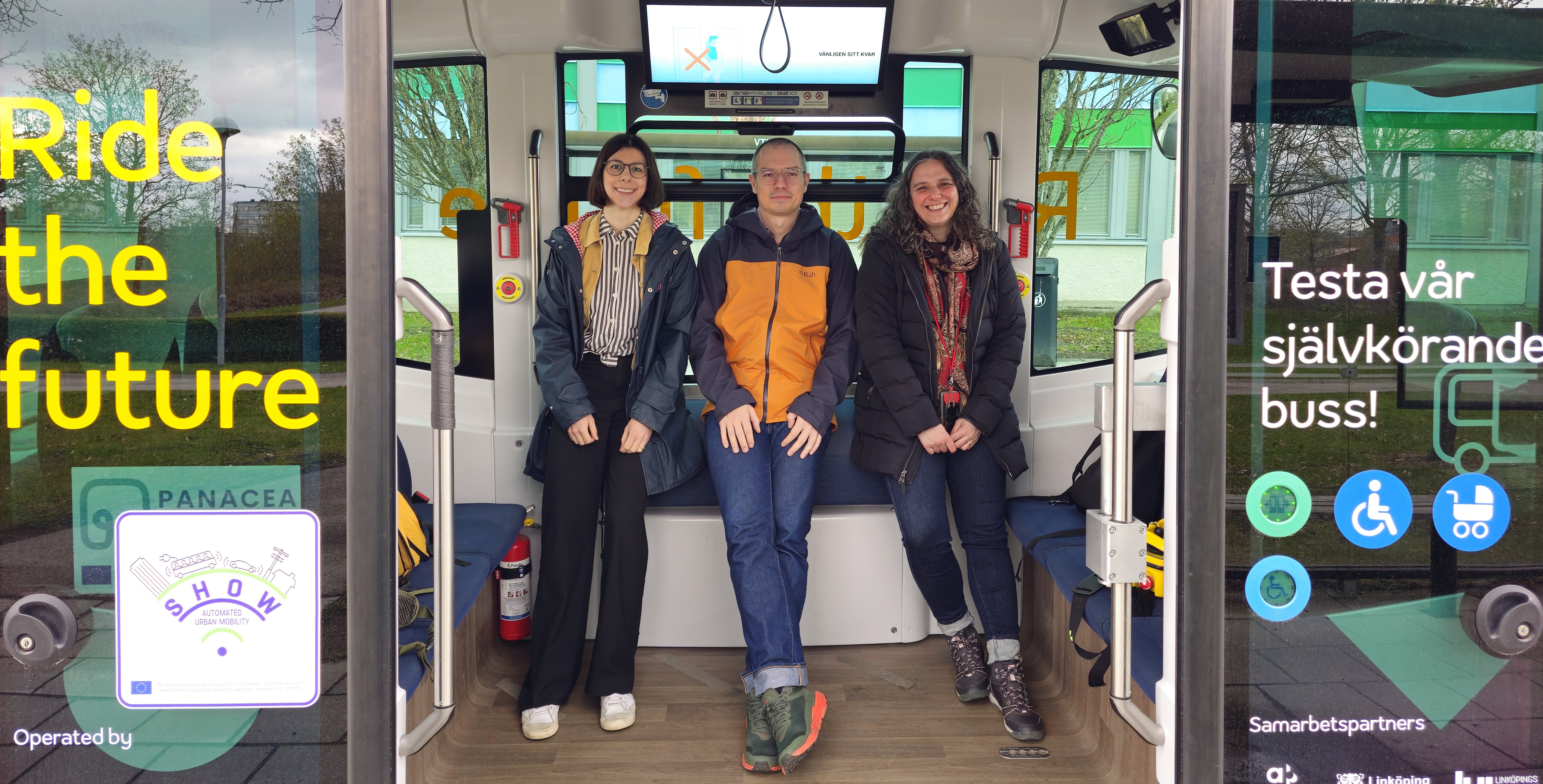 A photo of the project team in an autonomous shuttle bus in Linköping, Sweden